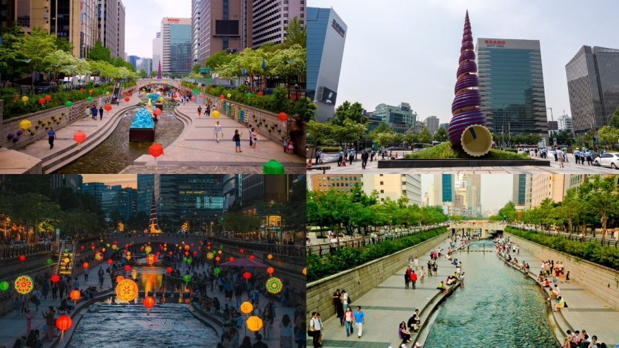 Dòng suối Cheonggyecheon hiền hòa như một dải lụa xanh mềm mại vắt ngang qua trung tâm thành phố