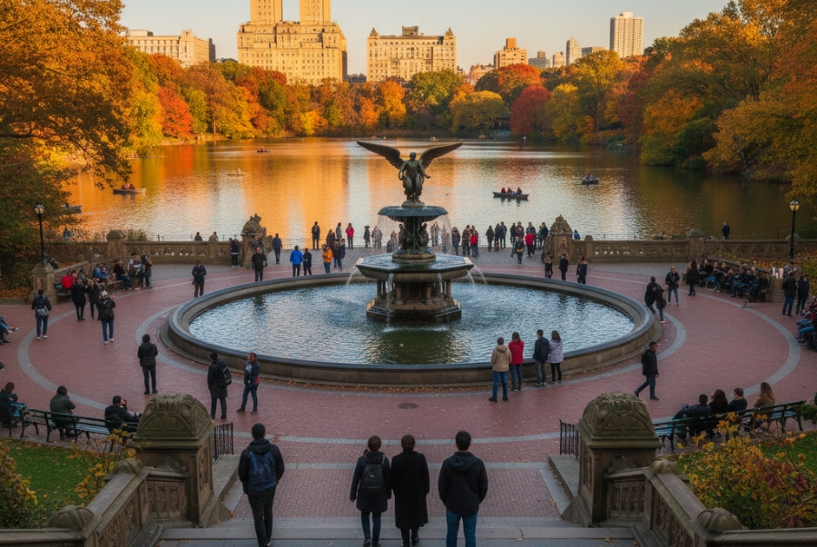 Du khách thường tập trung tại Bethesda Terrace để chiêm ngưỡng hoàng hôn mùa lá đỏ