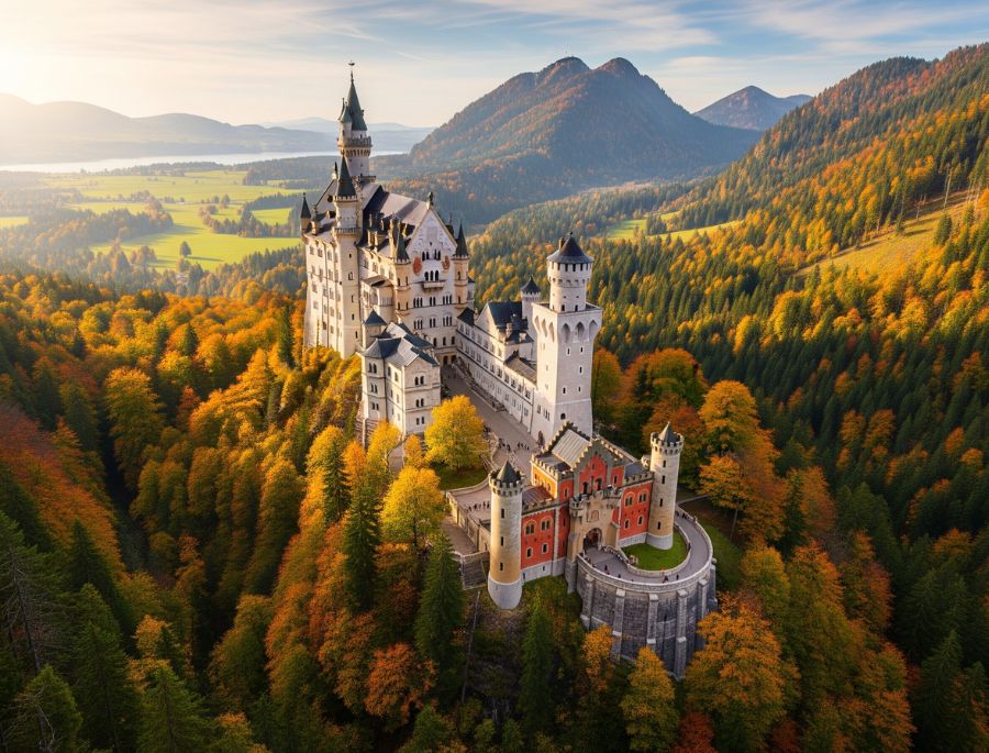 Lâu đài Neuschwanstein nổi bật giữa khung cảnh rực rỡ của mùa thu