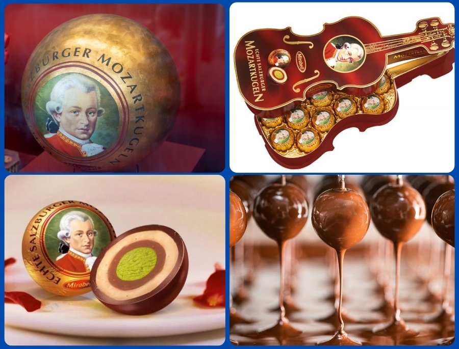 Mozartkugel là loại socola truyền thống với lớp marzipan bao quanh nhân nuga và được bọc bằng socola đen bên ngoài
