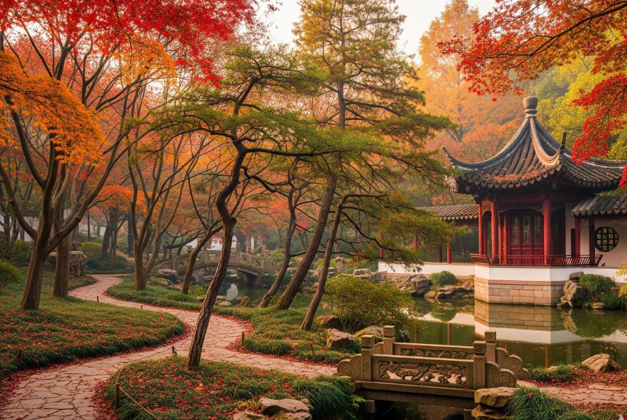 Vườn Qiuxia Pu vào mùa thu là một bức tranh thiên nhiên tuyệt đẹp với những gam màu rực rỡ