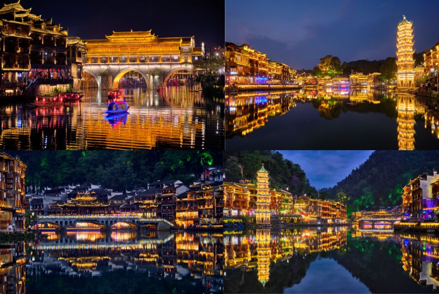 Khung cảnh Phượng Hoàng Cổ Trấn về đêm trở nên lung linh và rực rỡ