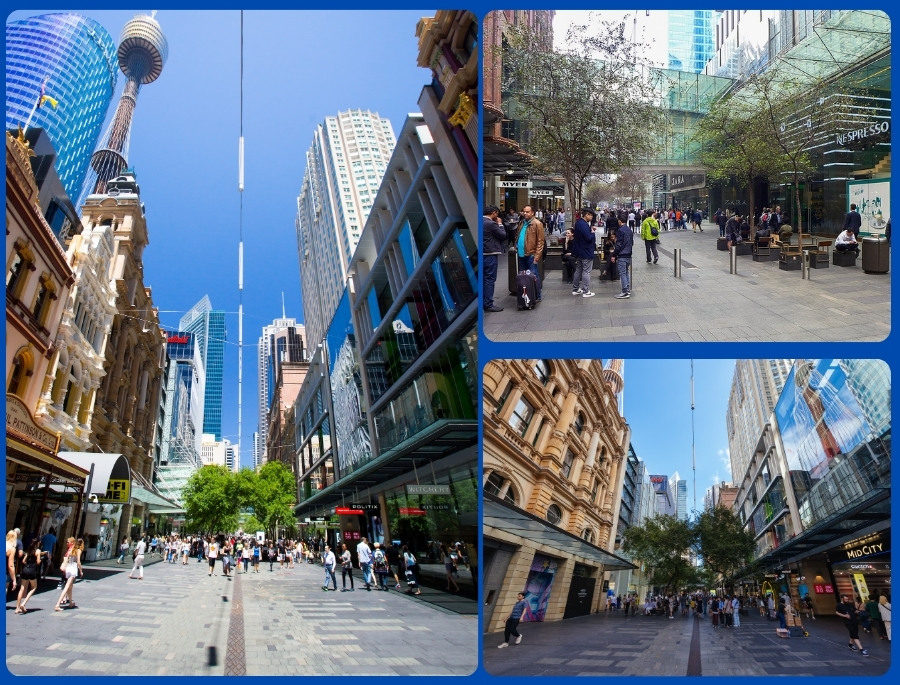 Pitt Street Mall là nơi tập trung các trung tâm lớn như Myer, David Jones, Westfield, Glasshouse và Mid City Centre.