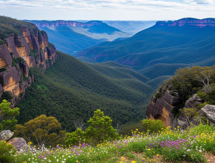 Khung cảnh núi đồi hùng vĩ kết hợp với hoa cỏ đua nở tạo nên vẻ đẹp thơ mộng