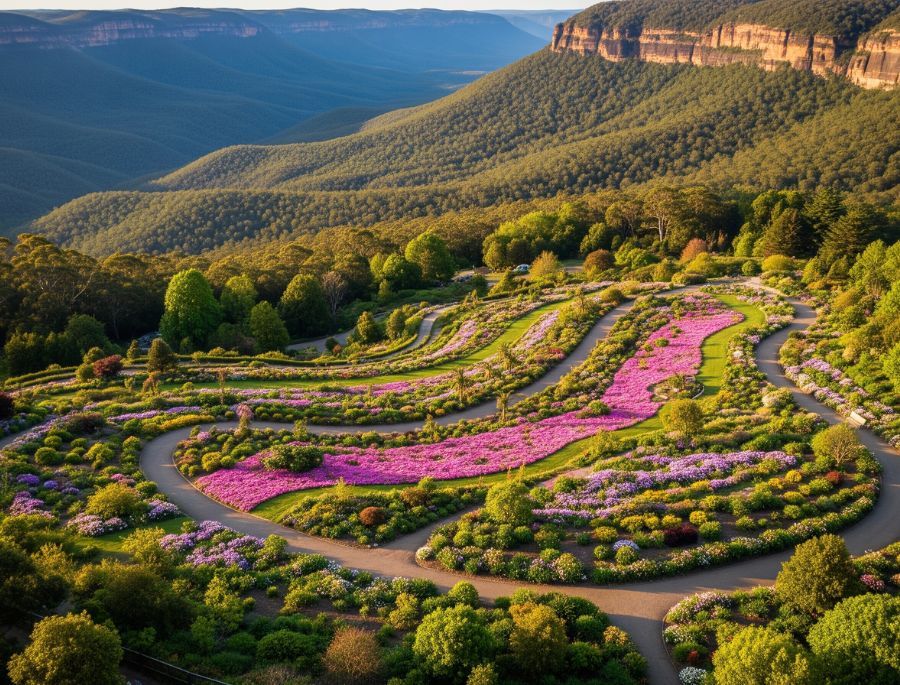 Toàn cảnh Blue Mountains Botanic Garden nhìn từ trên cao tựa như một tấm thảm hoa