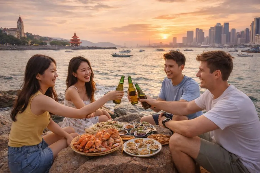 Rất nhiều người lựa chọn thưởng thức hải sản bên cạnh bãi biển Thanh Đảo