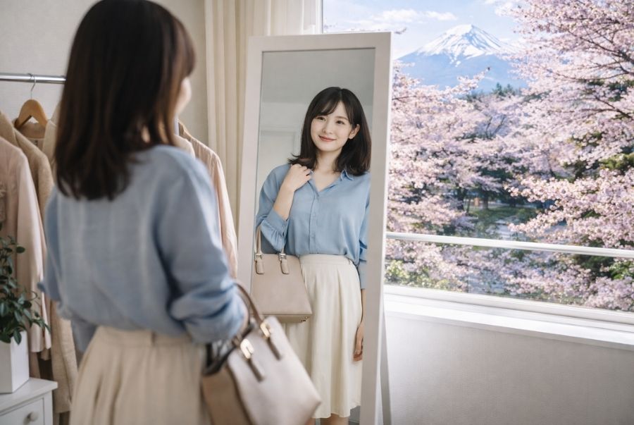 Việc phối đồ phù hợp sẽ giúp bạn có những bức ảnh xinh xắn vào mùa hoa Nhật Bản