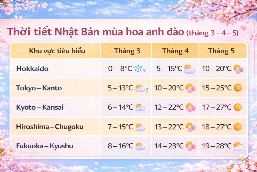Đặc điểm thời tiết mùa hoa anh đào từng khu vực tại Nhật Bản