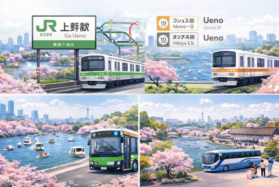 Du khách có thể đến tham quan công viên Ueno bằng nhiều phương tiện khác nhau