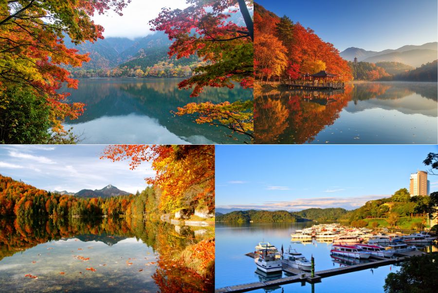 Ánh nắng cam tím hòa quyện cùng sắc lá vàng đỏ, vẽ nên bức tranh lãng mạn tại khu vực Hồ Nhật Nguyệt