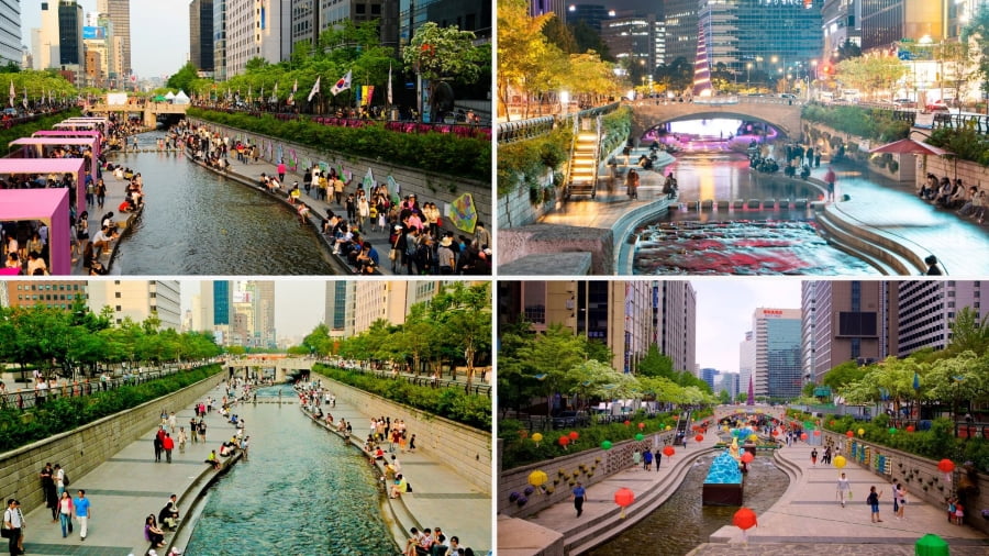 Dòng suối Cheonggyecheon trở thành điểm dừng chân lý tưởng để trốn cái nóng mùa hè và tìm kiếm những góc chụp ảnh độc đáo