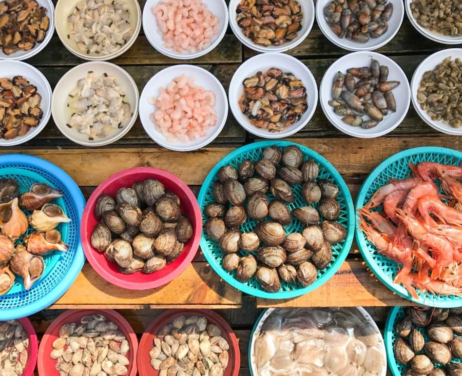 Từ những con cá thu, cá ngừ khổng lồ đến những loại sò, ốc, tôm, cua tươi rói, tất cả đều được bày bán một cách bắt mắt