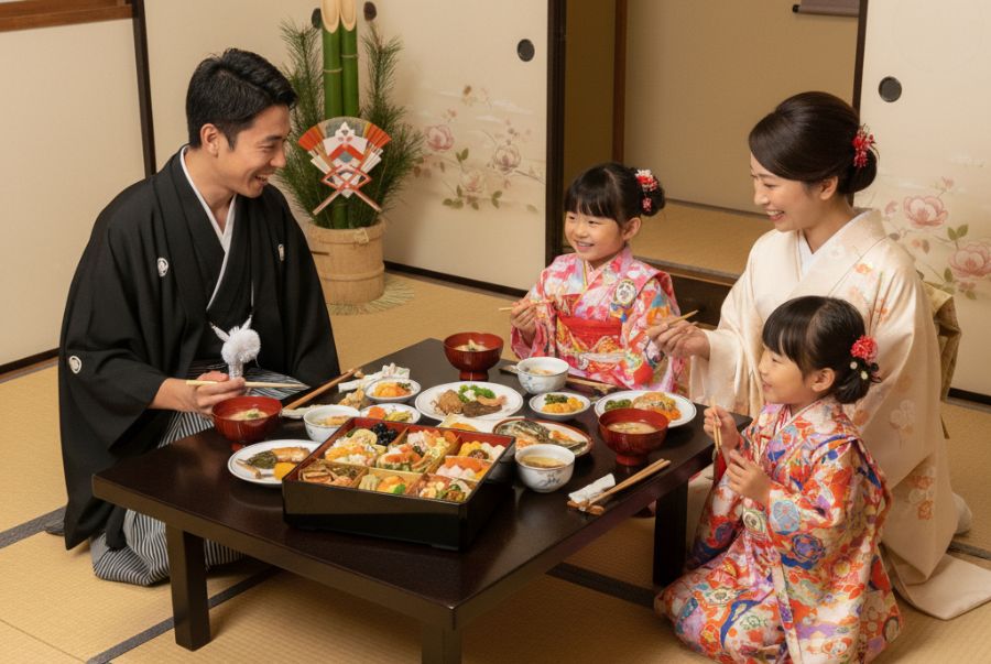 Hình ảnh 1 gia đình Nhật quây quần bên bàn ăn ngày tết