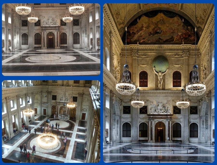 Đại sảnh trung tâm cao gần 30m với mặt sàn lát đá khắc bản đồ thế giới cổ của Cung Điện Hoàng Gia Amsterdam