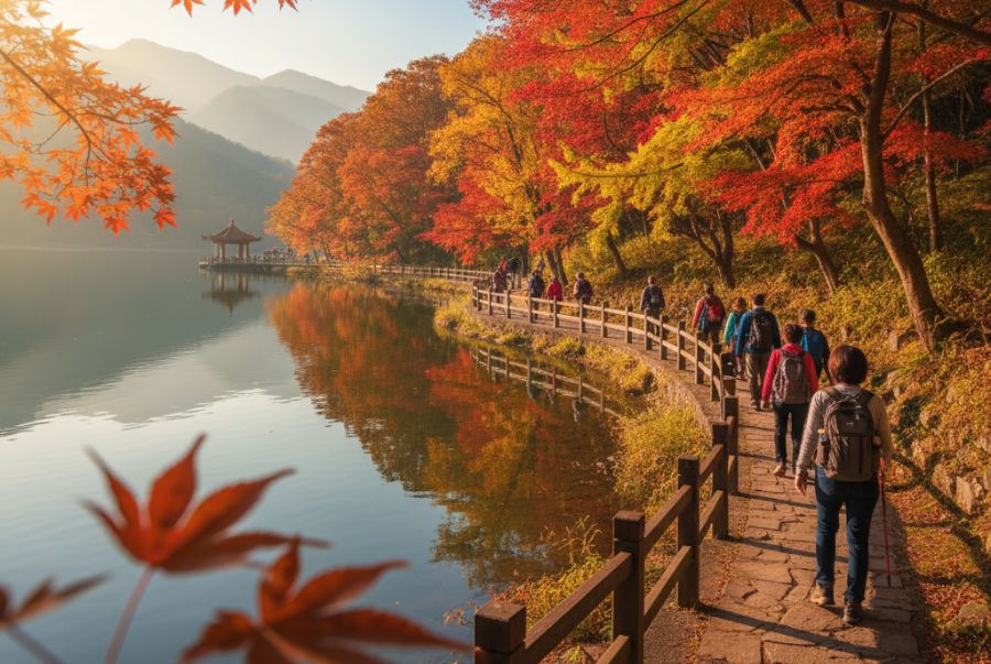 Trekking trên Hồ Nhật Nguyệt (Sun Moon Lake) là một trải nghiệm yên bình vào mùa thu được nhiều người yêu thích