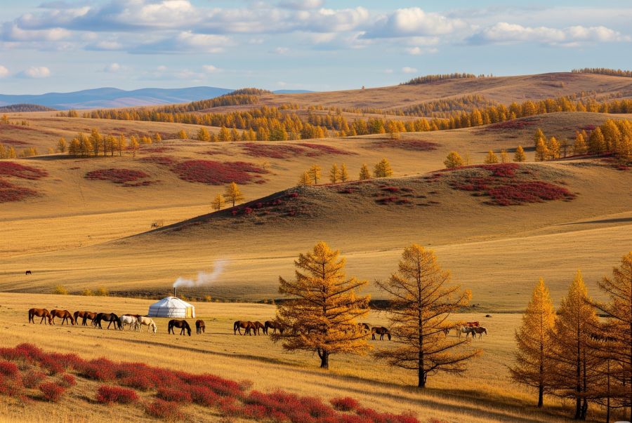Mùa thu ở Mông Cổ là khoảng thời gian tuyệt đẹp khi cả thảo nguyên chuyển mình sang gam màu vàng rực rỡ