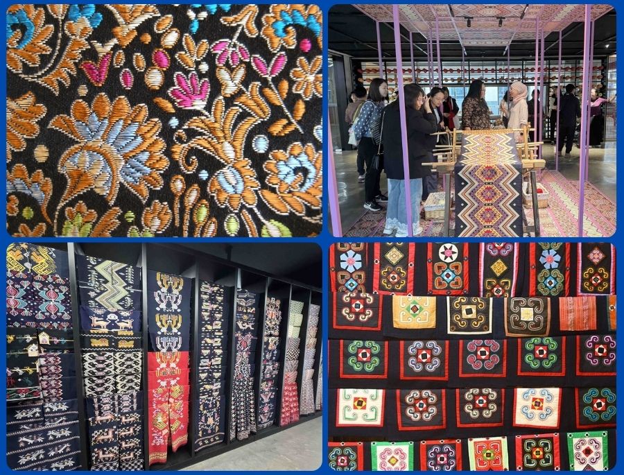 Mỗi tấm vải là một bức tranh sống động với hoa văn hình học, màu sắc rực rỡ