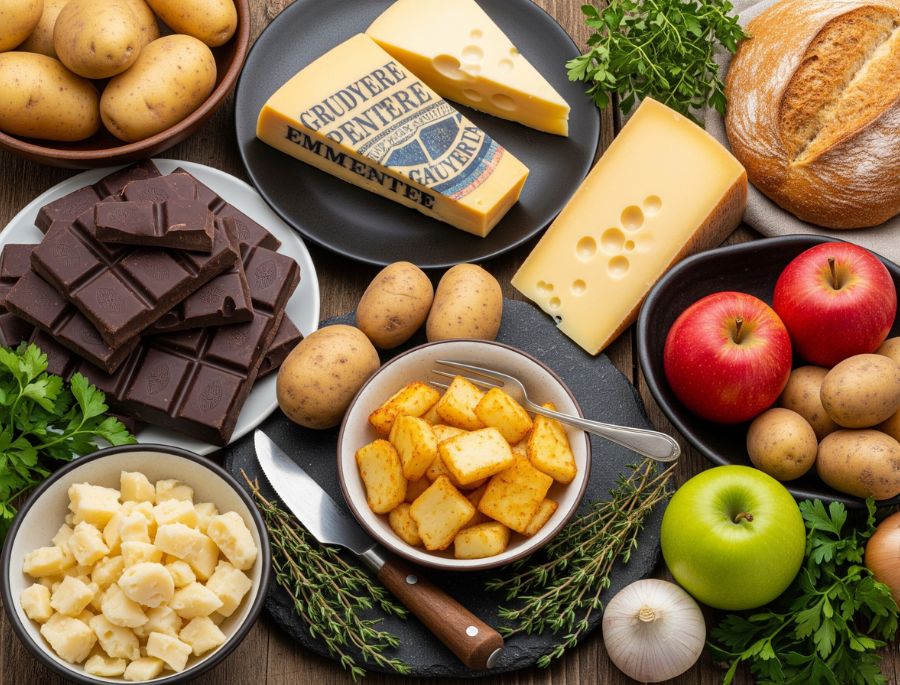 Một số các nguyên liệu thường thấy trong quá trình chế biến ẩm thực Thụy Sĩ