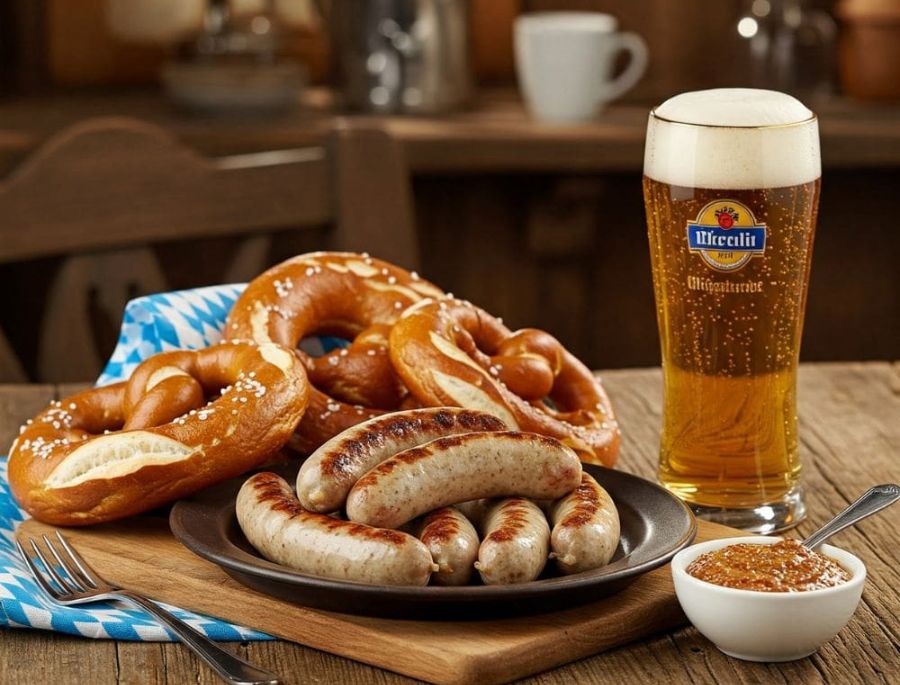 Weißwurst với Pretzel là món ăn truyền thống không thể thiếu trong bữa sáng của người Đức