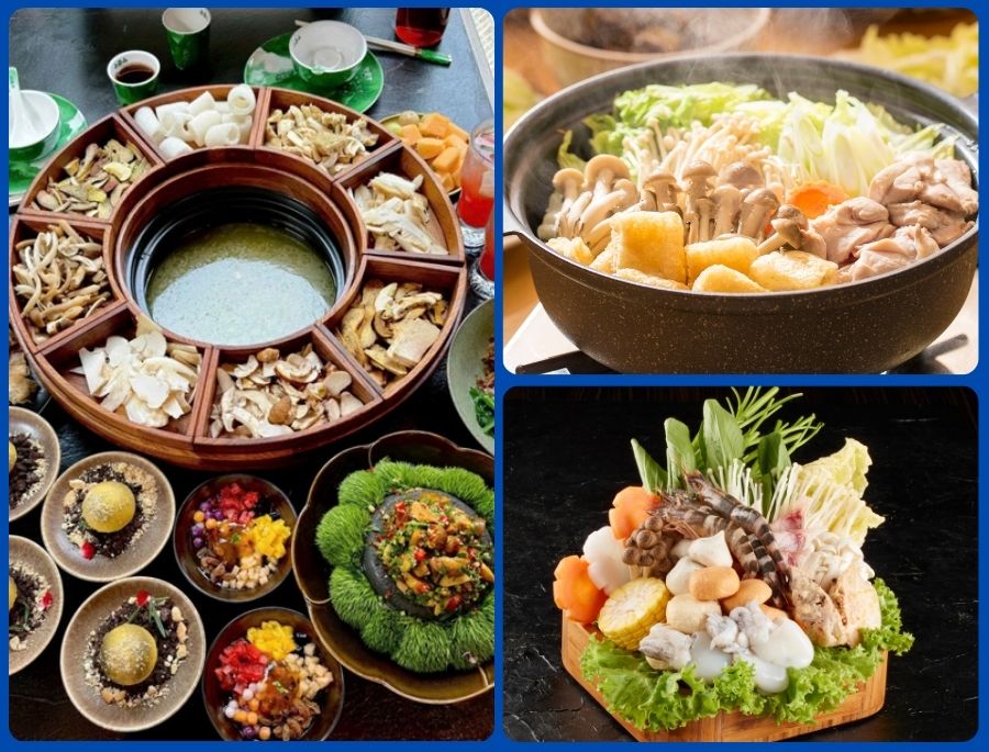 Một nồi lẩu thường bao gồm nhiều loại nấm quý như nấm tuyết, nấm hương rừng, nấm mỡ, nấm thông