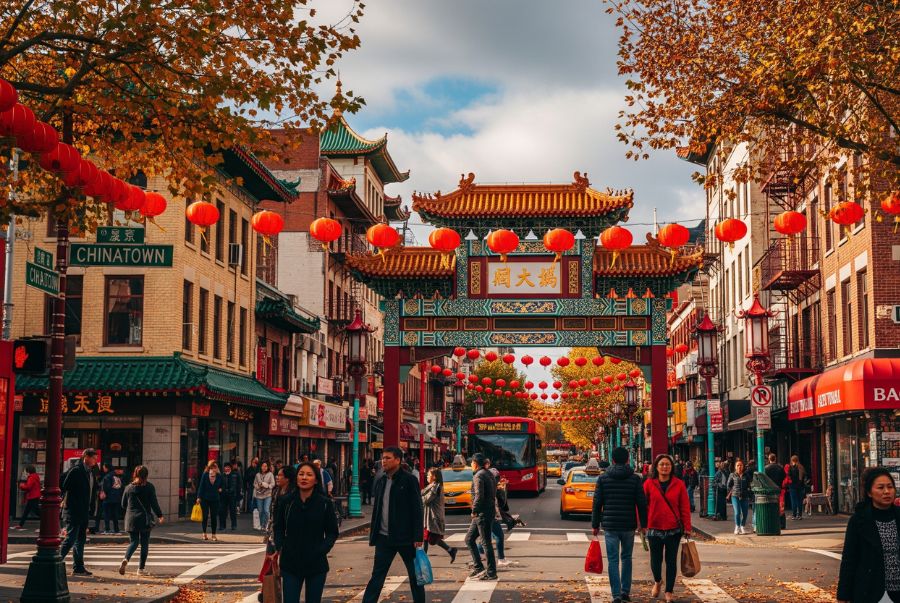 Sự kết hợp giữa lá vàng cùng lồng đèn đỏ tạo nên một khung cảnh nên thơ cho Chinatown