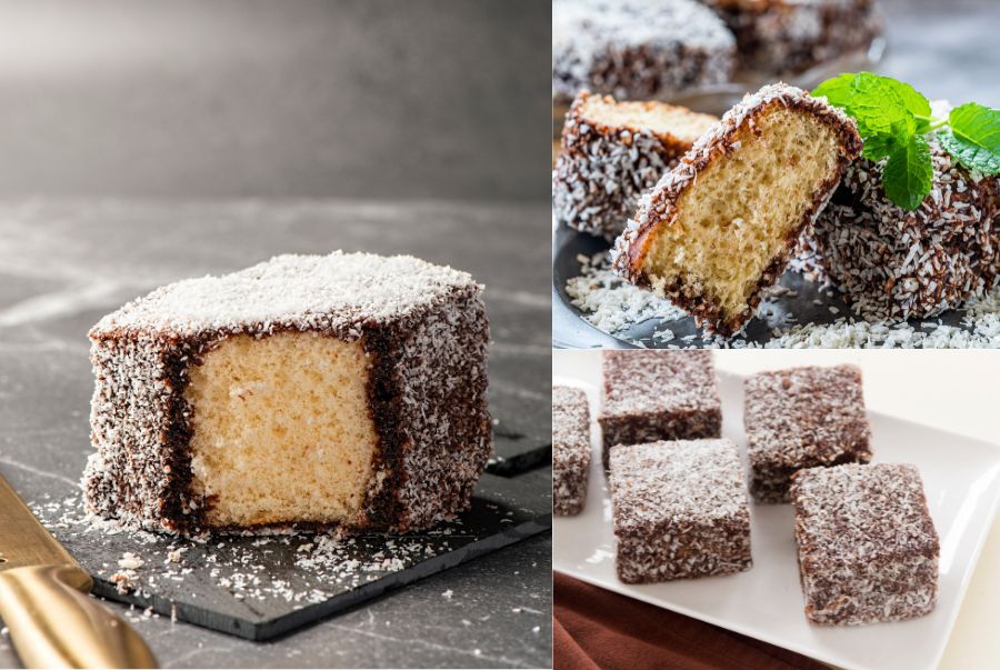 Lamington mang đến hương vị thơm ngon với phần cốt bánh bông lan mềm xốp, phủ một lớp socola và dừa sấy mỏng bên ngoài