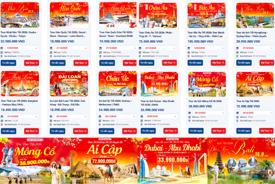 Một số các hành trình tour du lịch tết 2026 nổi bật tại Top Ten Travel