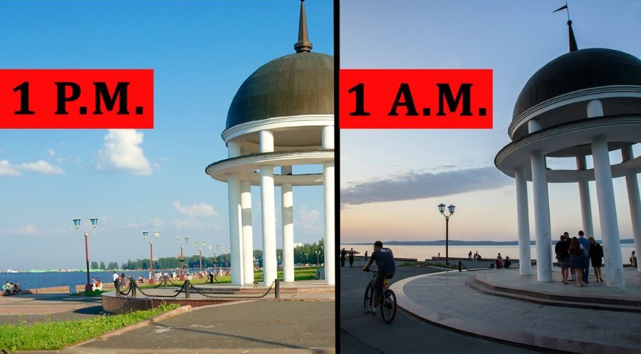 Khung cảnh đêm trắng vào thời điểm ngày và đêm tại Nga