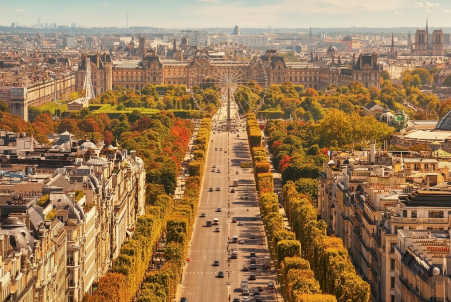 Champs Élysées mùa thu rực rỡ với hàng cây lá vàng kéo dài bất tận