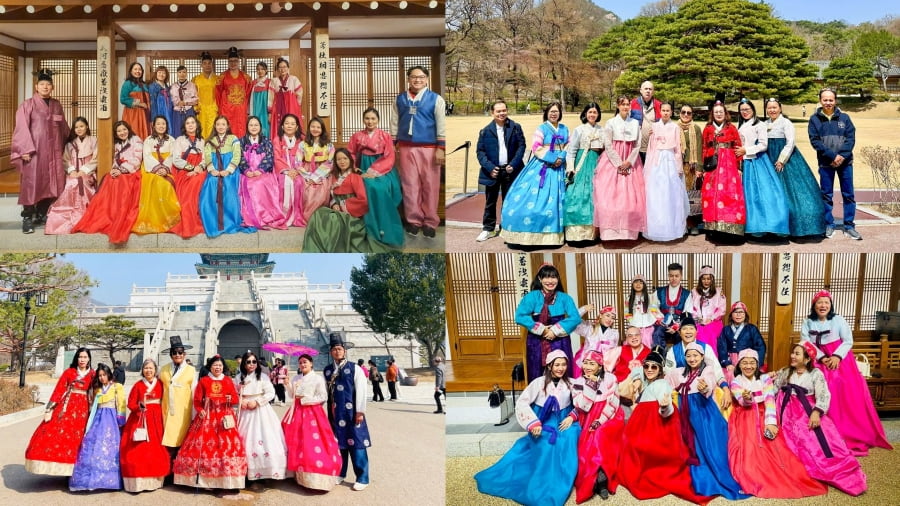 Các vị khách nhà Top Ten Travel thích thú khi được diện hanbok trong chuyến du lịch Hàn Quốc