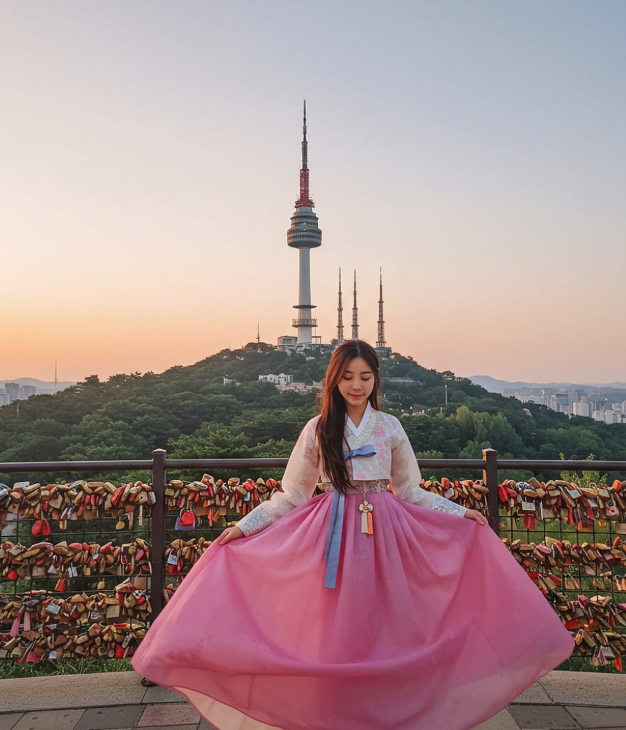 Một trải nghiệm thú vị khác khi đến Tháp Namsan chính là việc thuê Hanbok và chụp ảnh