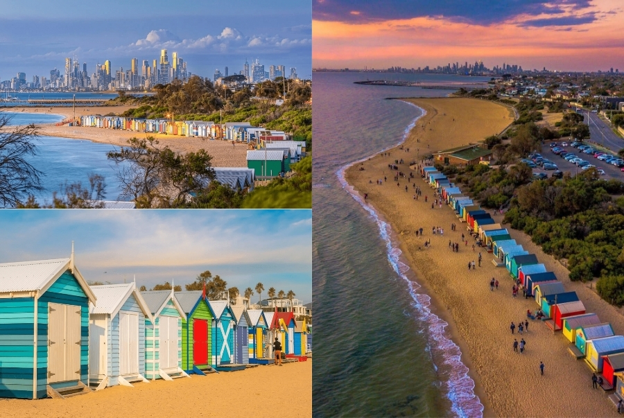 Brighton Beach thu hút du khách với bãi cát vàng và dãy lều đầy màu sắc