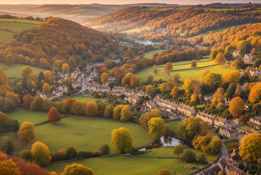 Cotswolds sở hữu vẻ đẹp yên bình với những hàng cây lá vàng bao phủ khi nhìn từ trên cao