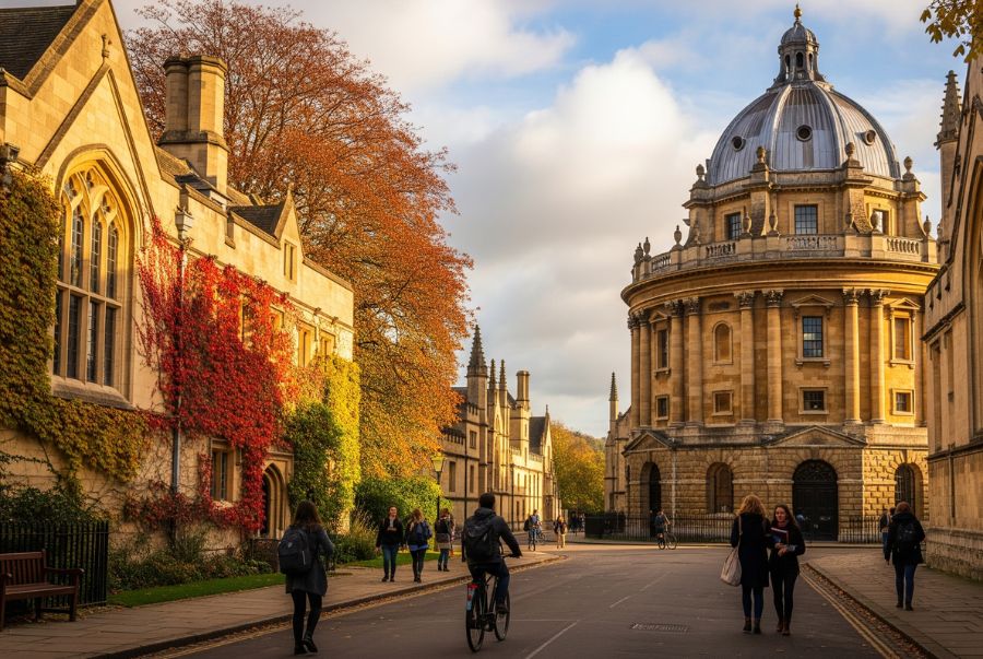 Hình ảnh những tán lá ở Oxford bắt đầu thay áo mới, sắc đỏ, vàng cam trải khắp sân trường