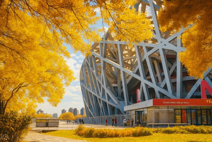 Từng hàng cây vàng rực ôm lấy kiến trúc thép độc đáo của sân vận động Tổ Chim