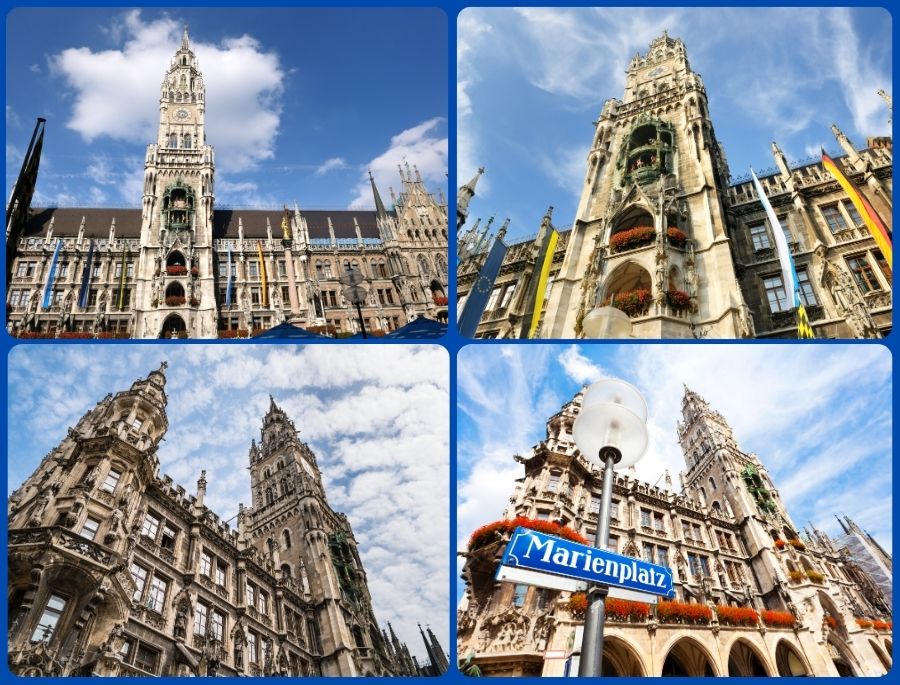 Tâm điểm của Marienplatz chính là tòa thị chính mới Neues Rathaus