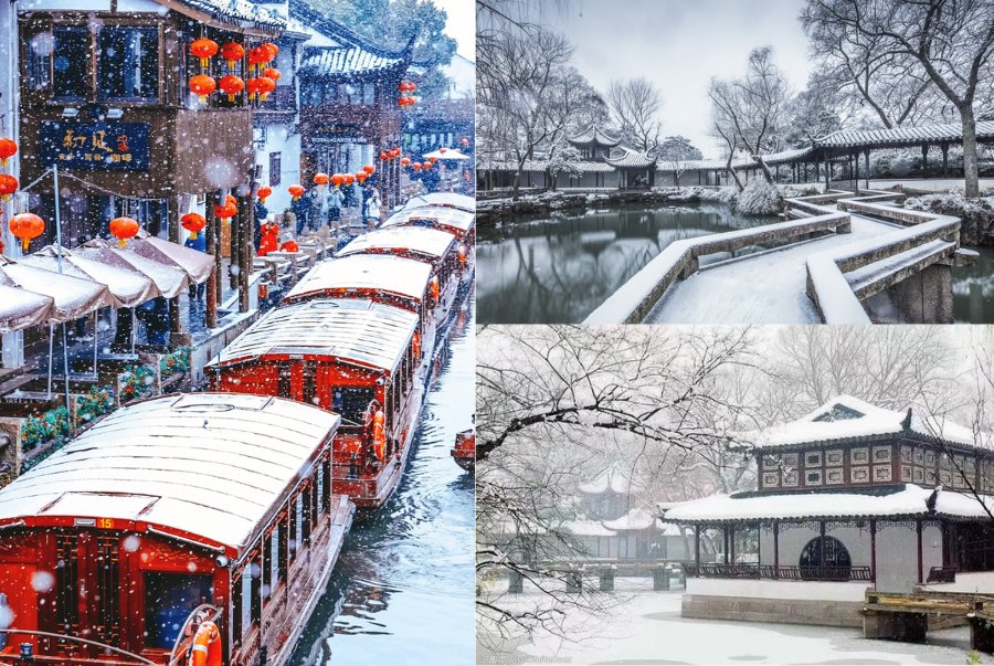  Tô Châu mang trong mình vẻ trầm mặc cổ kính, nơi tuyết rơi phủ trắng lên những mái nhà ngói đen