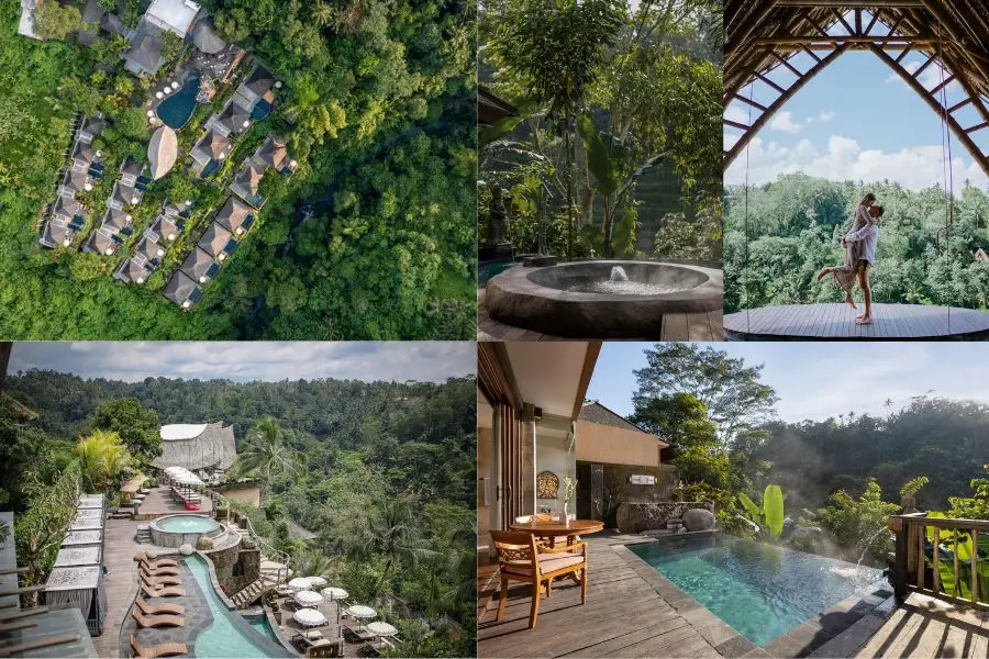 Các phòng tại The Kayon Jungle Resort có diện tích rộng, ban công riêng, phòng tắm lớn và tầm nhìn hướng rừng hoặc thung lũng