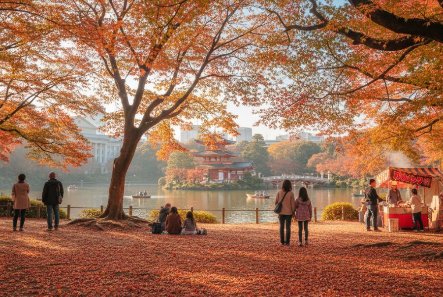 Công viên Ueno sở hữu những tán cây cổ thụ chuyển màu đỏ rực, xen lẫn vàng ruộm
