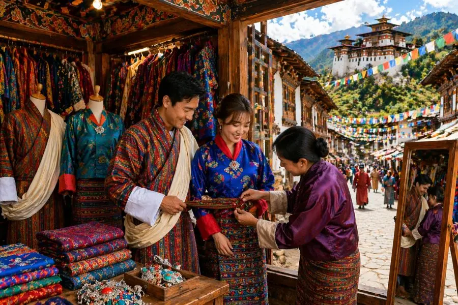Du khách có thể thuê trang phục truyền thống Bhutan để trải nghiệm cuộc sống của người dân bản địa