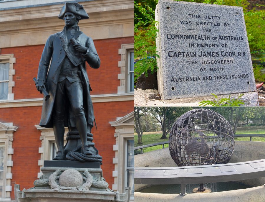 Đài tưởng niệm Captain Cook được xây dựng hiên ngang giữa khuôn viên rộng lớn, tay cầm bản đồ, ánh nhìn xa xăm