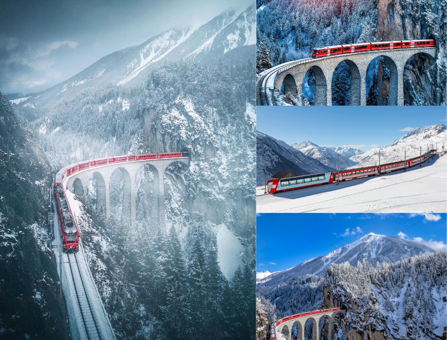 Đoàn tàu màu đỏ rực rỡ giữa làn tuyết trắng vào mùa đông