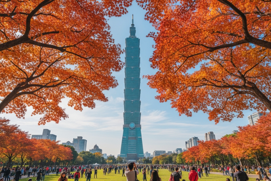 Hình ảnh tòa tháp Teipei 101 sừng sững giữa thời thu xanh biếc