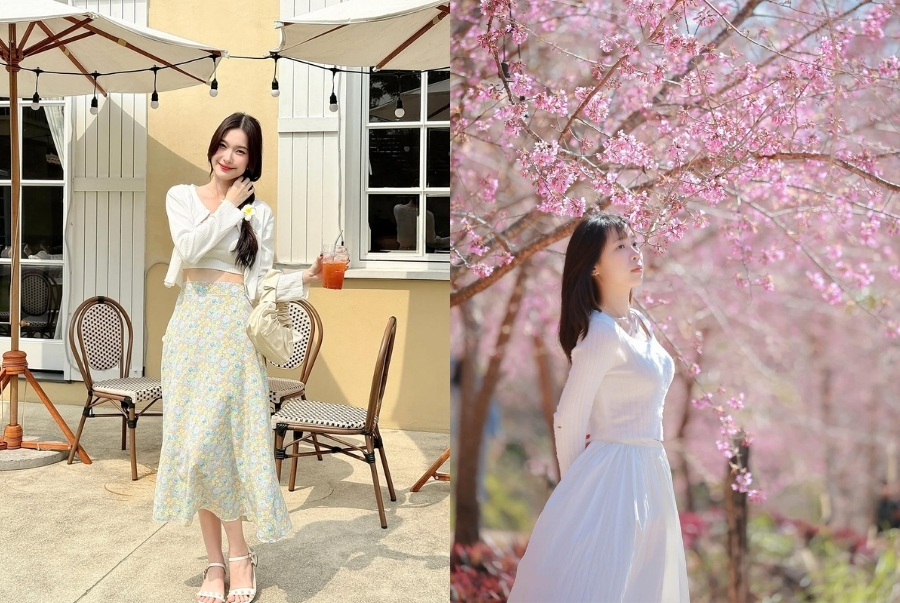 Áo len tay dài kết hợp với chân váy dài là lựa chọn phổ biến