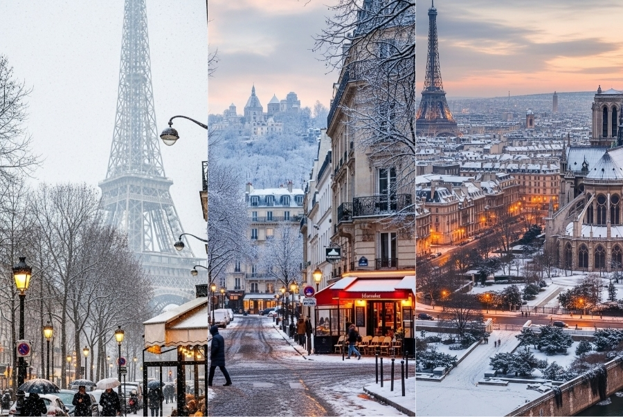Khung cảnh lãng mạn của thành phố Paris đắm chìm trong những bông tuyết trắng