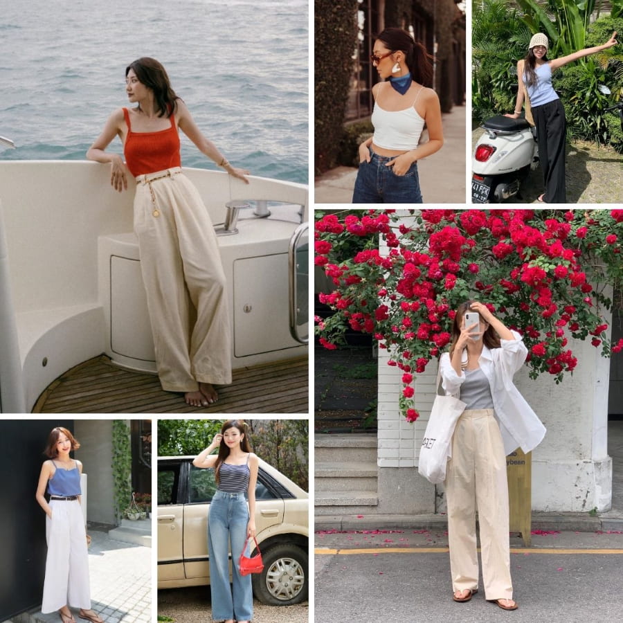 Áo hai dây kết hợp cùng quần ống rộng sẽ là những "cứu cánh" tuyệt vời cho mùa hè tại xứ Hàn