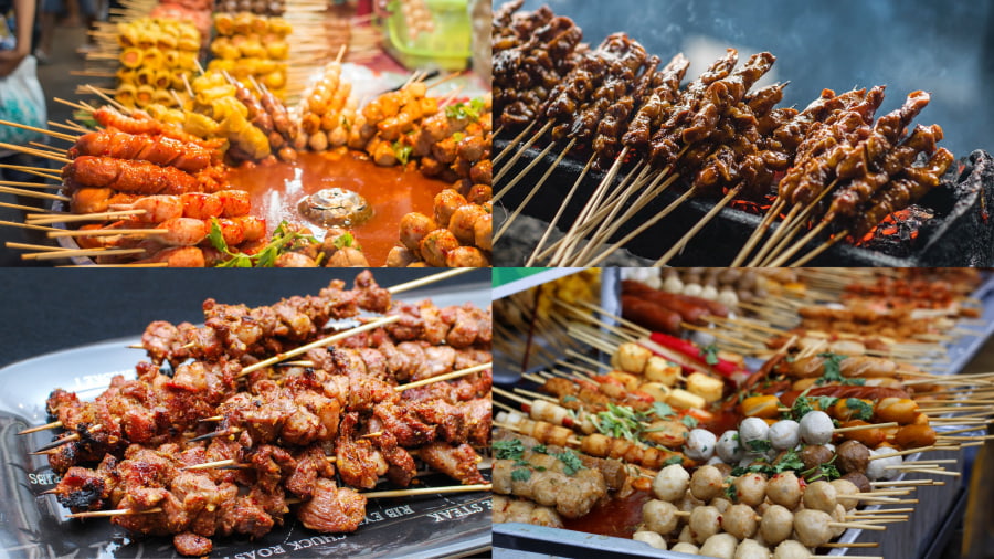 Ẩm thực Chiang Mai đường phố sẽ không thể hoàn chỉnh nếu thiếu vắng các loại xiên nướng đa dạng và đầy màu sắc