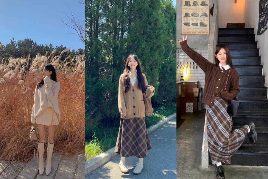 Cardigan phối cùng váy xoè là sự kết hợp phổ biến của phong cách Hàn Quốc