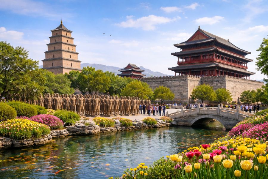 Khung cảnh  tươi mới, nhẹ nhàng nhưng vẫn giữ được nét cổ kính của Tây An mùa xuân