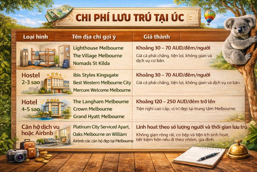Tùy vào ngân sách mà du khách có thể lựa chọn loại hình lưu trú phù hợp khi đi du lịch Úc